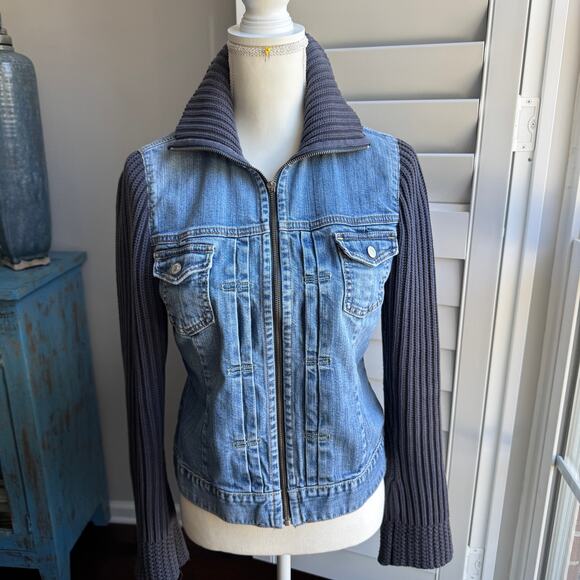 GAP Jackets & Blazers - Vintage GAP Jean Jacket Womens M Blue Knit Sweater Sleeves Y2K Bohemian Grunge